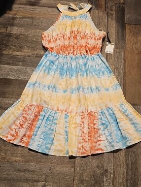 Kensie Tie-Dye Halter Dress in Blue, Yellow & Orange